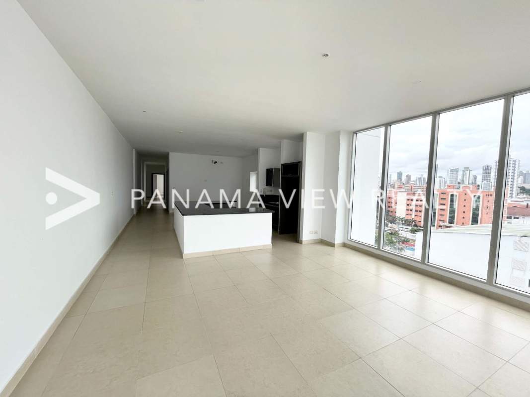 Balcony with glass railing overlooking Pacific Ocean and Cinta Costera PH Rivage Panama