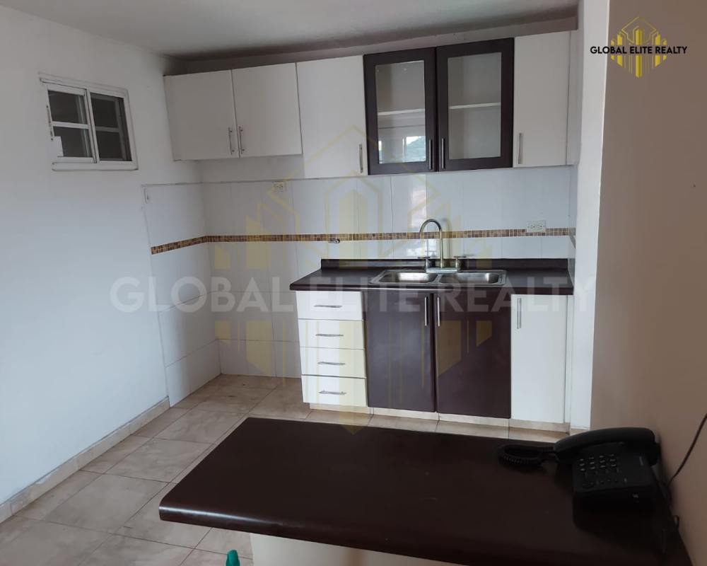 L-shaped kitchen with upper and lower cabinets in Villa Lucre apartment Panama