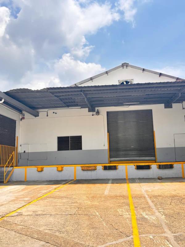 Exterior view of warehouse dock area with loading bays and roller shutter doors in Panama City