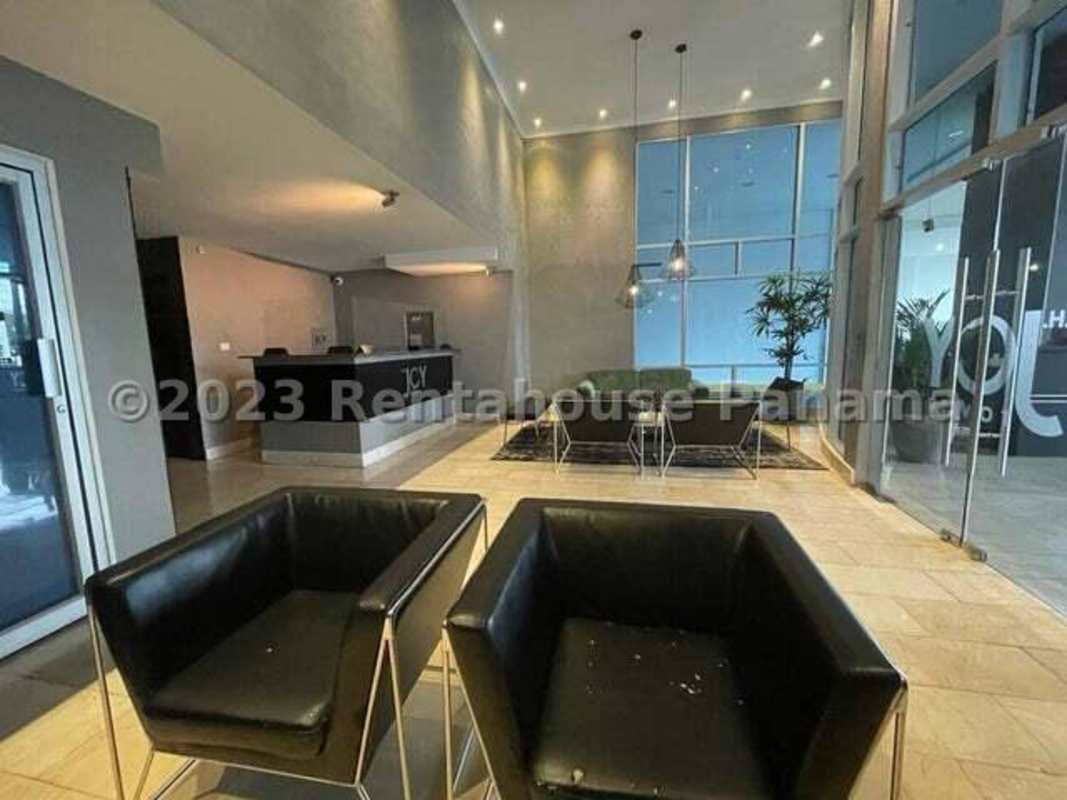 Modern building lobby with security reception in PH San Francisco Bay Panama