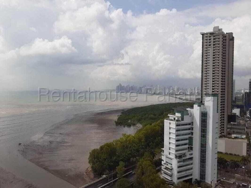 Aerial photo of high-rise condo towers on Pacific waterfront of Costa del Este Panama City