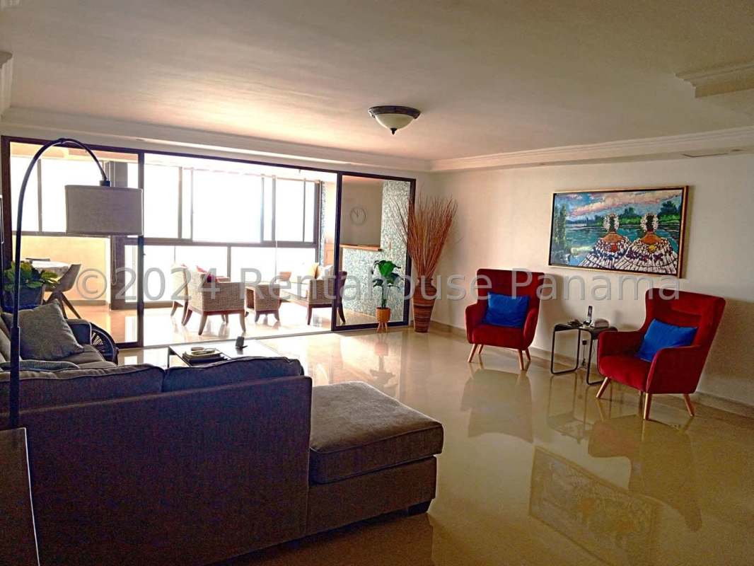 Bright large living room with enclosed balcony Pacific view PH Paitilla Pacific Panama