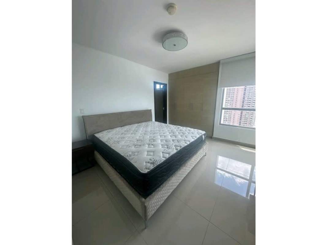 Bright minimalist bedroom with city view at PH Top Towers Costa del Este Panama