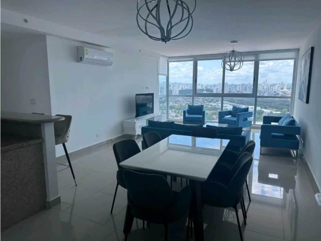 Minimalist bedroom with big window and skyline view PH Top Towers Costa del Este Panama