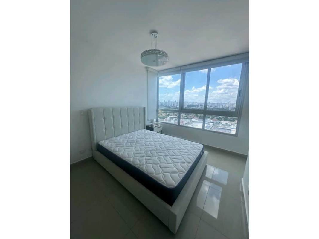 Bright living dining open-plan with panoramic windows city skyline view PH Top Towers Costa del Este Panama