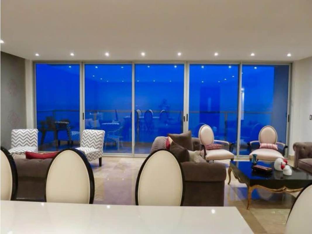 Master bedroom with panoramic ocean and city view, marble flooring at PH Q Tower Punta Pacifica Panama