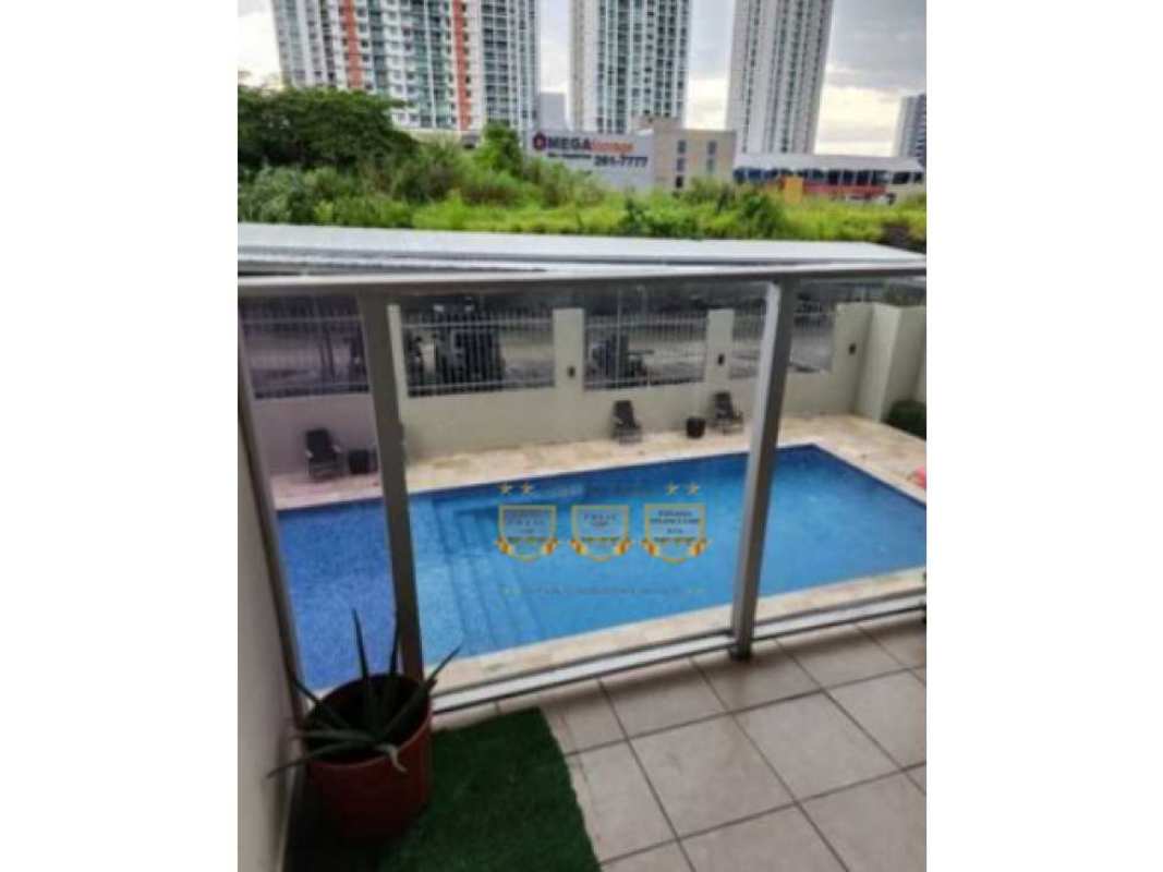 High-rise residential towers of PH Rokas with landscaped entry in Condado del Rey Panama City