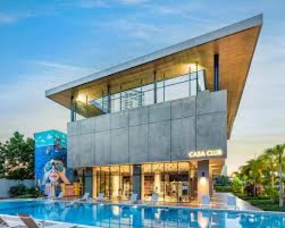 Elegant modern clubhouse with swimming pool and mural in PH Country Club Costa del Este Panama