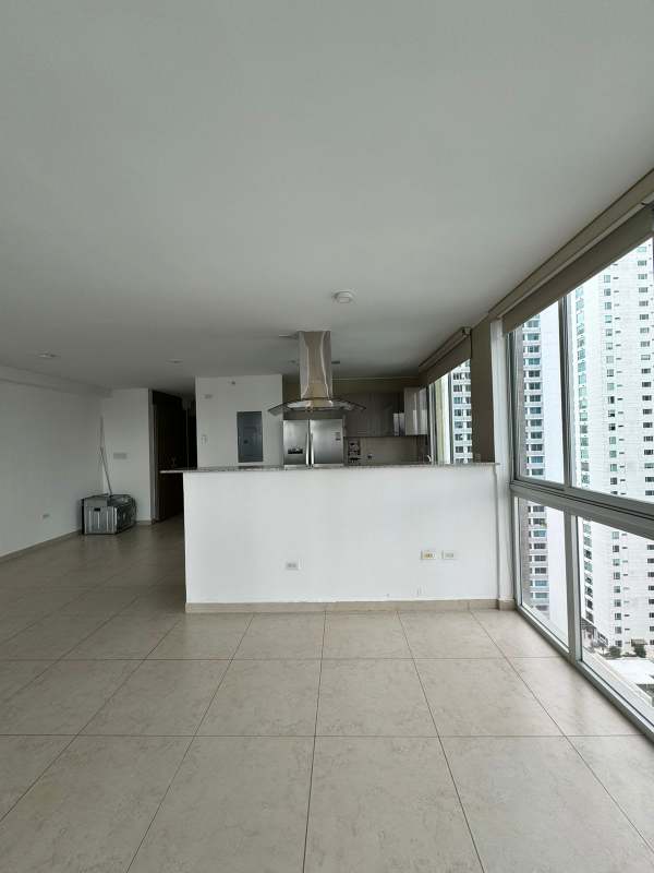 Modern kitchen with stainless appliances large windows city skyline view PH Lumiere Panama