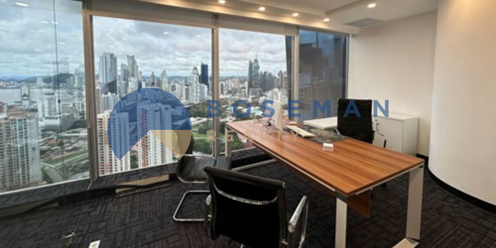 Modern open workspace with large windows panoramic views at Oceania Business Plaza Panama City