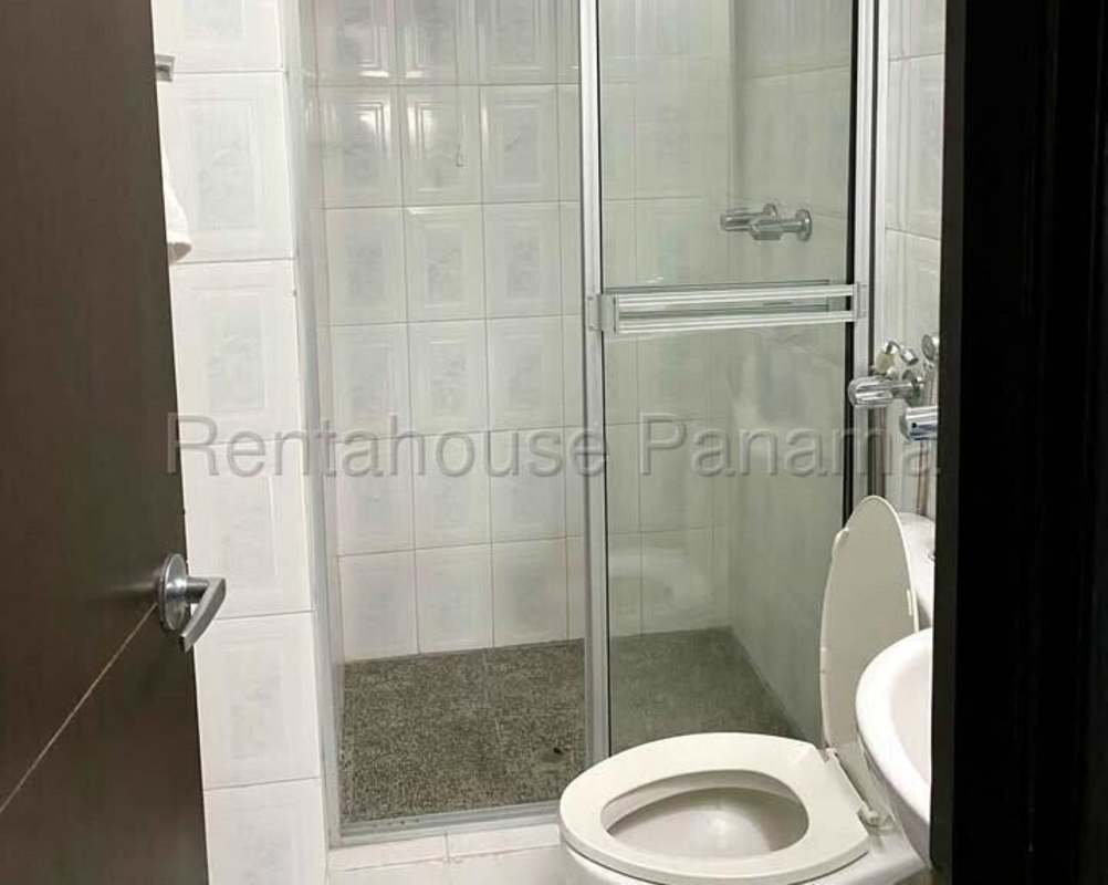 Tiled bathroom with shower, sink, and toilet PH Plaza Dos Mares Betania Panama