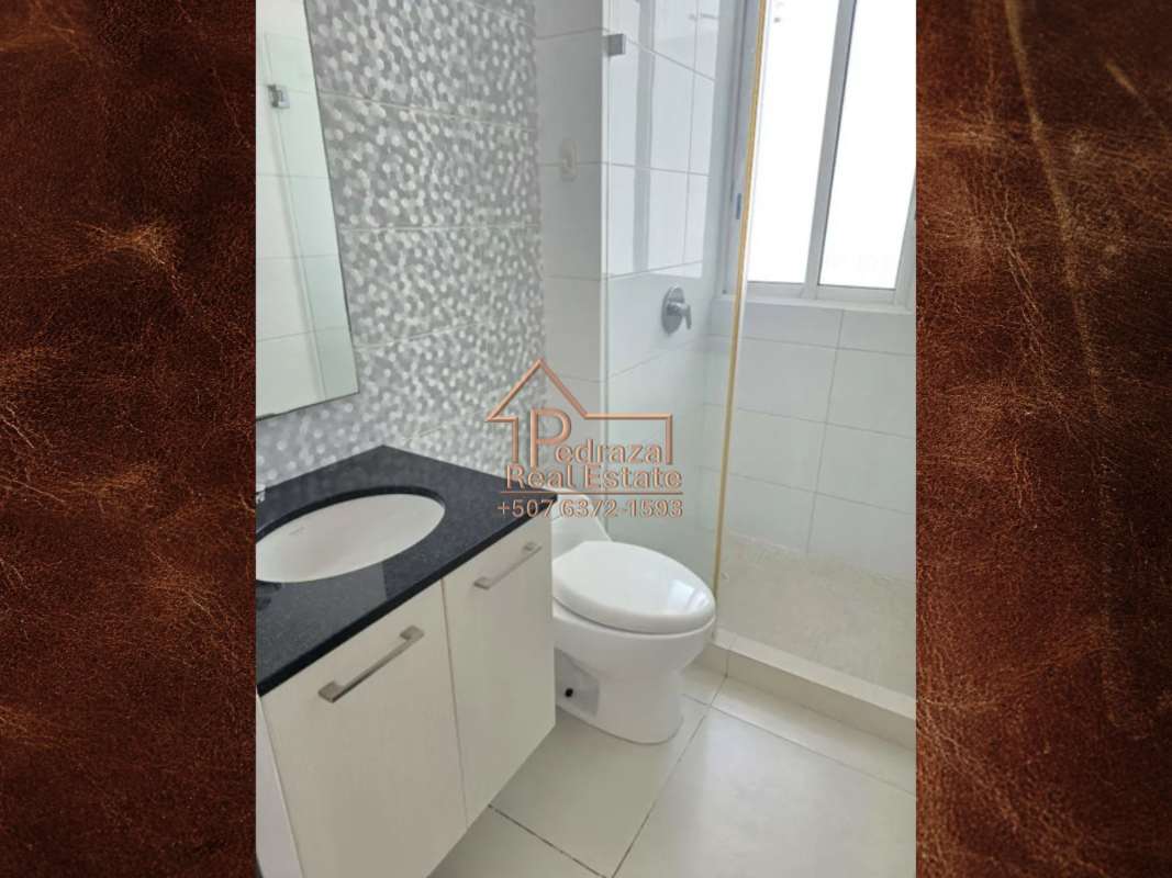 Bathroom with granite sink walk-in shower textured wall PH Castellamare Costa del Este Panama City