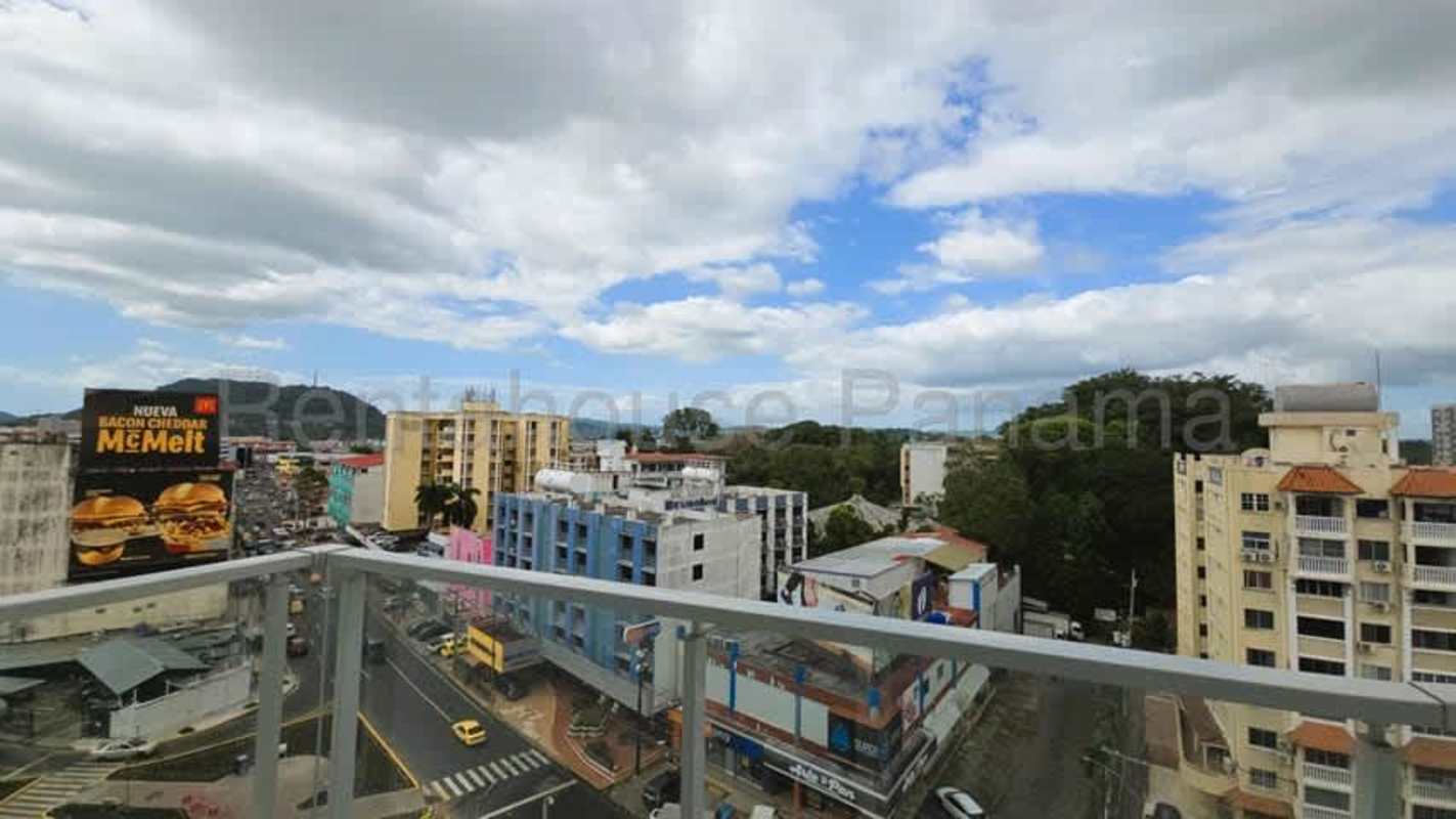 Balcony with panoramic skyline view from apartment at PH Sky Point Bella Vista Panama