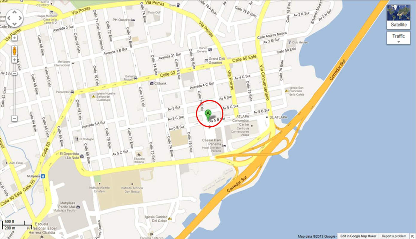 Map of Panama City showing PH Ocean View near major roads and waterfront