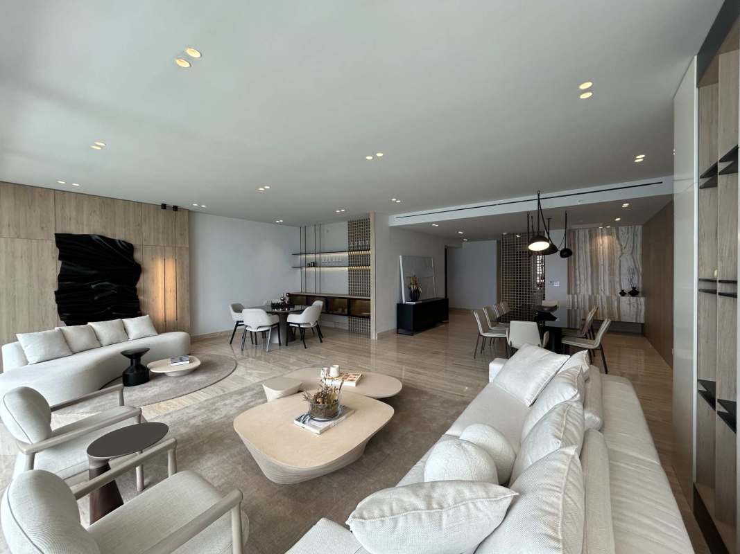 Luxury modern kitchen with marble island and built-in appliances at The Towers Punta Paitilla