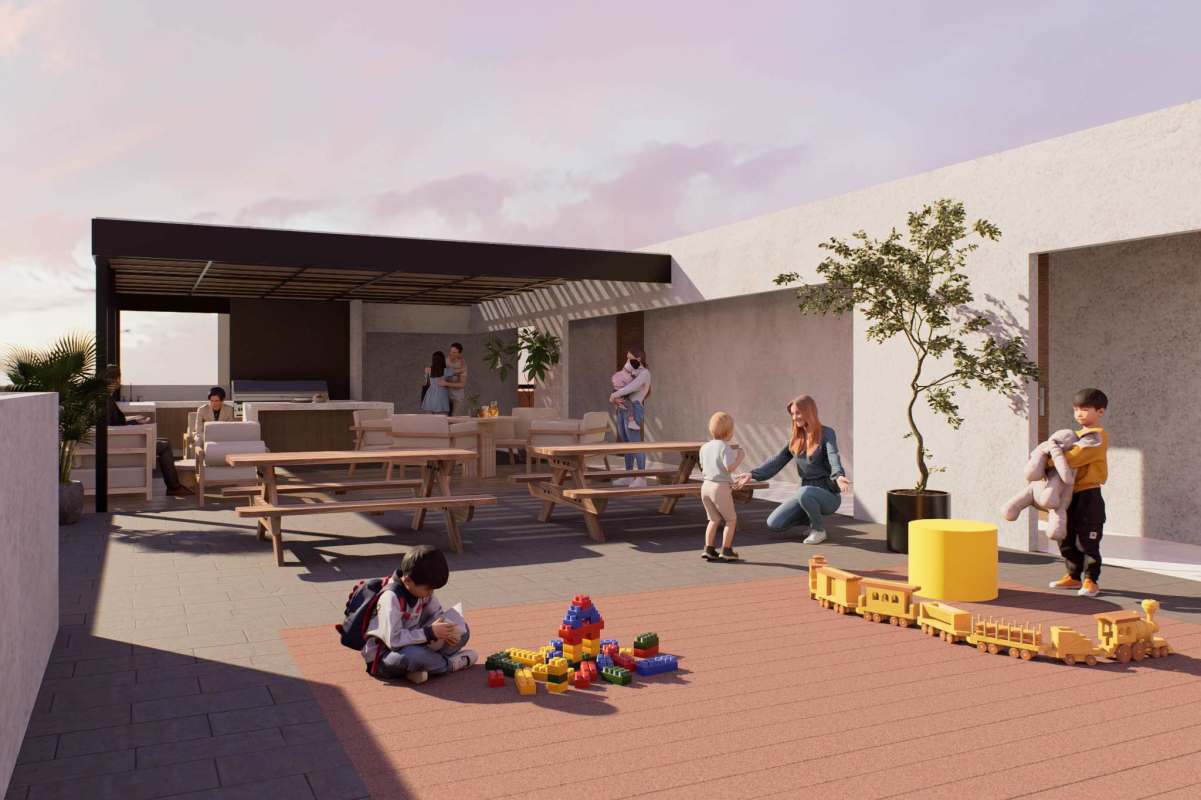 Family rooftop terrace with children’s play area and social spaces Ciudad Radial apartment building Panama