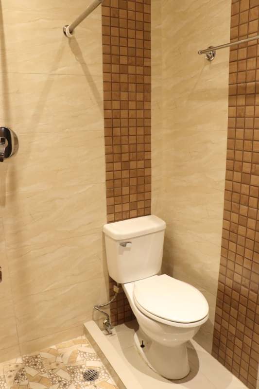 Modern tiled bathroom with western toilet and stainless steel grab bar Bethania Panama Hola Realty