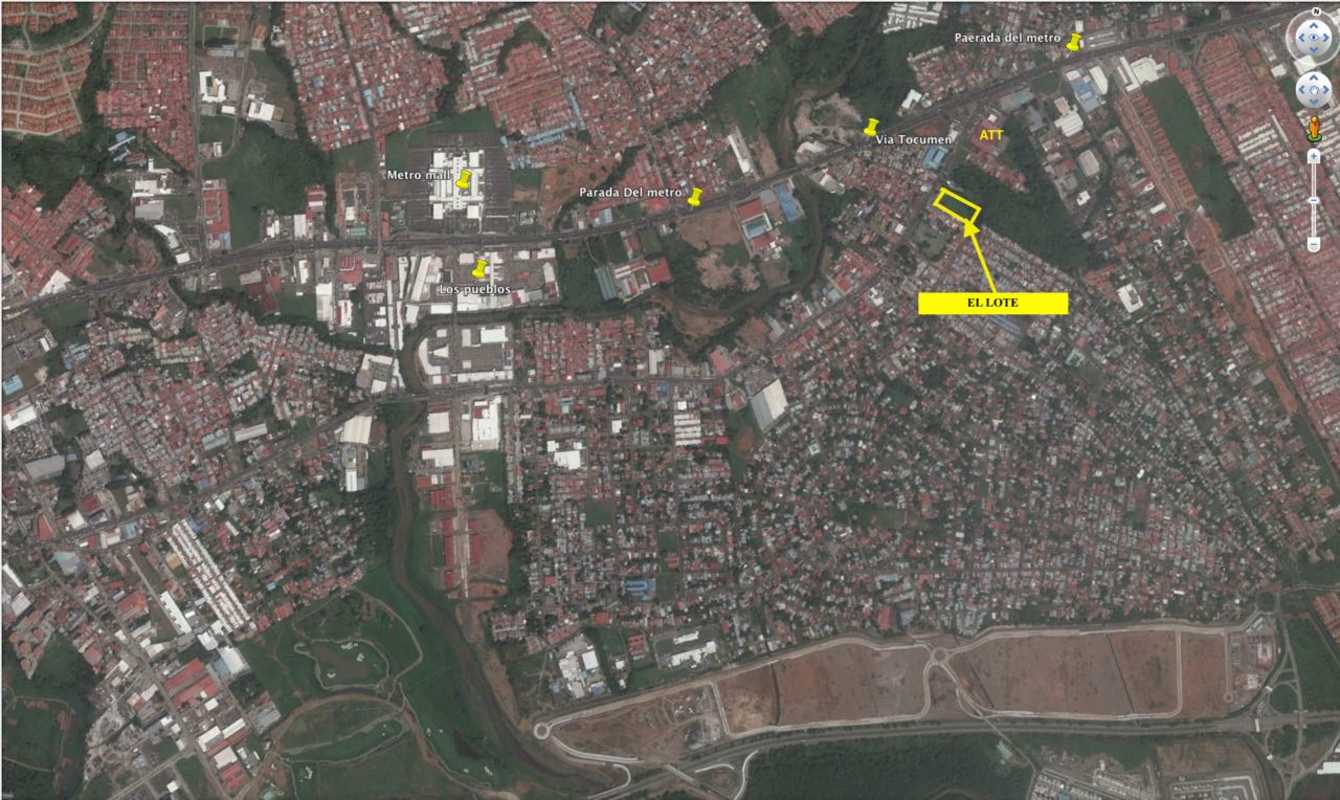Satellite map showing vacant commercial land for investment on Avenida José Domingo Díaz Panama City near logistics area