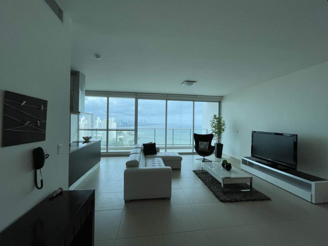 Spacious living area large windows panoramic view Punta Pacifica PH Oceanaire Panama rental