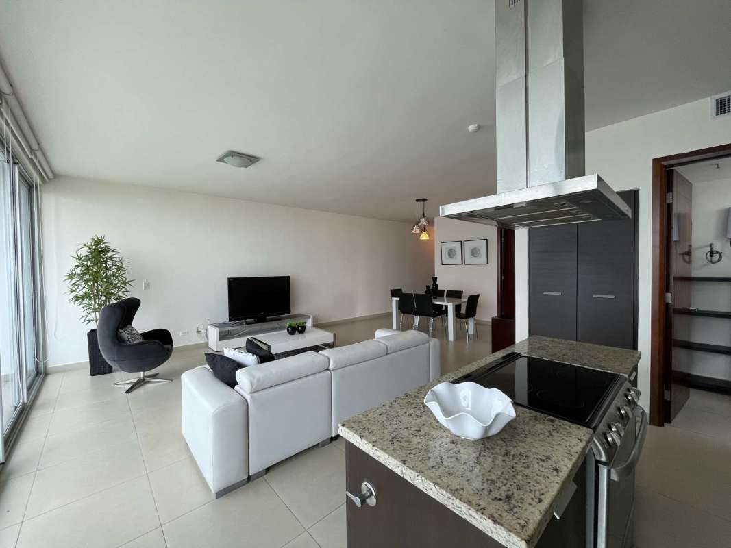 Spacious modern kitchen center island living area with ocean view in PH Oceanaire Punta Pacifica Panama