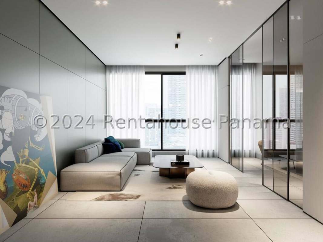 Spacious living room floor-to-ceiling windows and porcelain tiles in PH Ocean Vista Panama