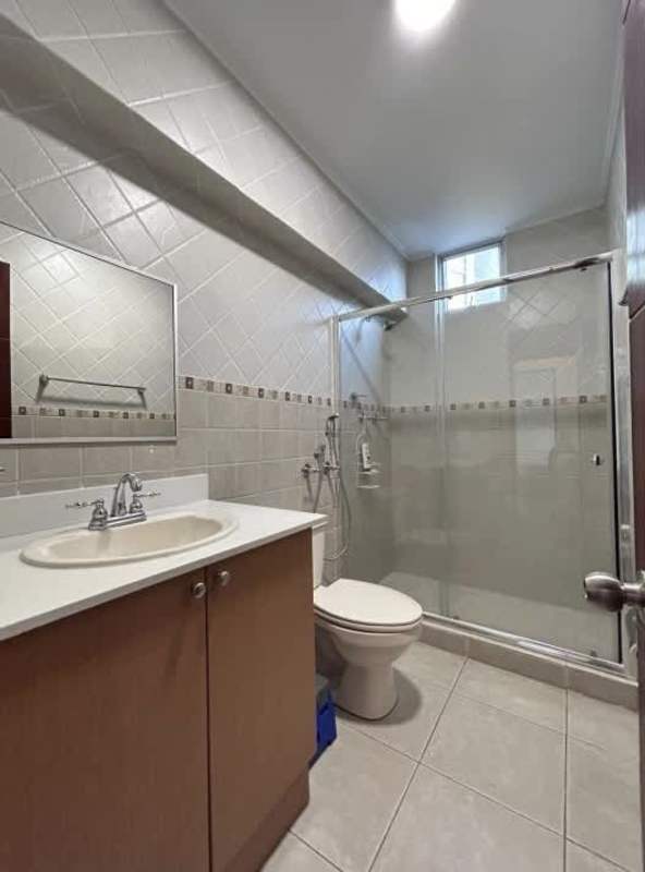 Modern bathroom walk-in glass shower vanity mirror in furnished apartment PH Green Bay Costa del Este Panama