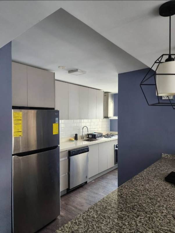 Modern open kitchen with granite counter, dishwasher, stove in PH Pacific Wind Paitilla Panama