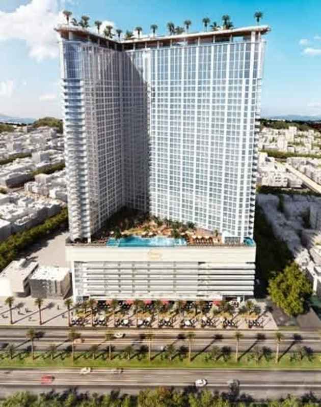 Aerial view of PH The Gray modern tower with rooftop pool Panama