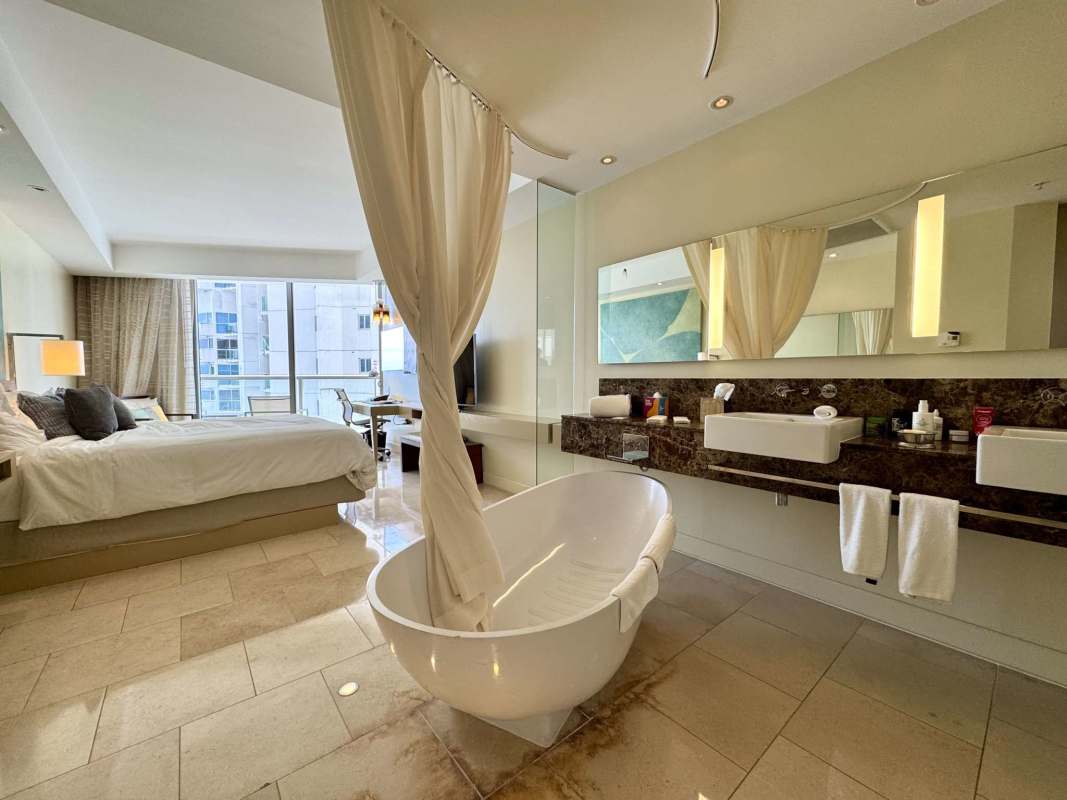 Modern bathroom with freestanding bathtub in luxury JW Marriott condo Punta Pacífica