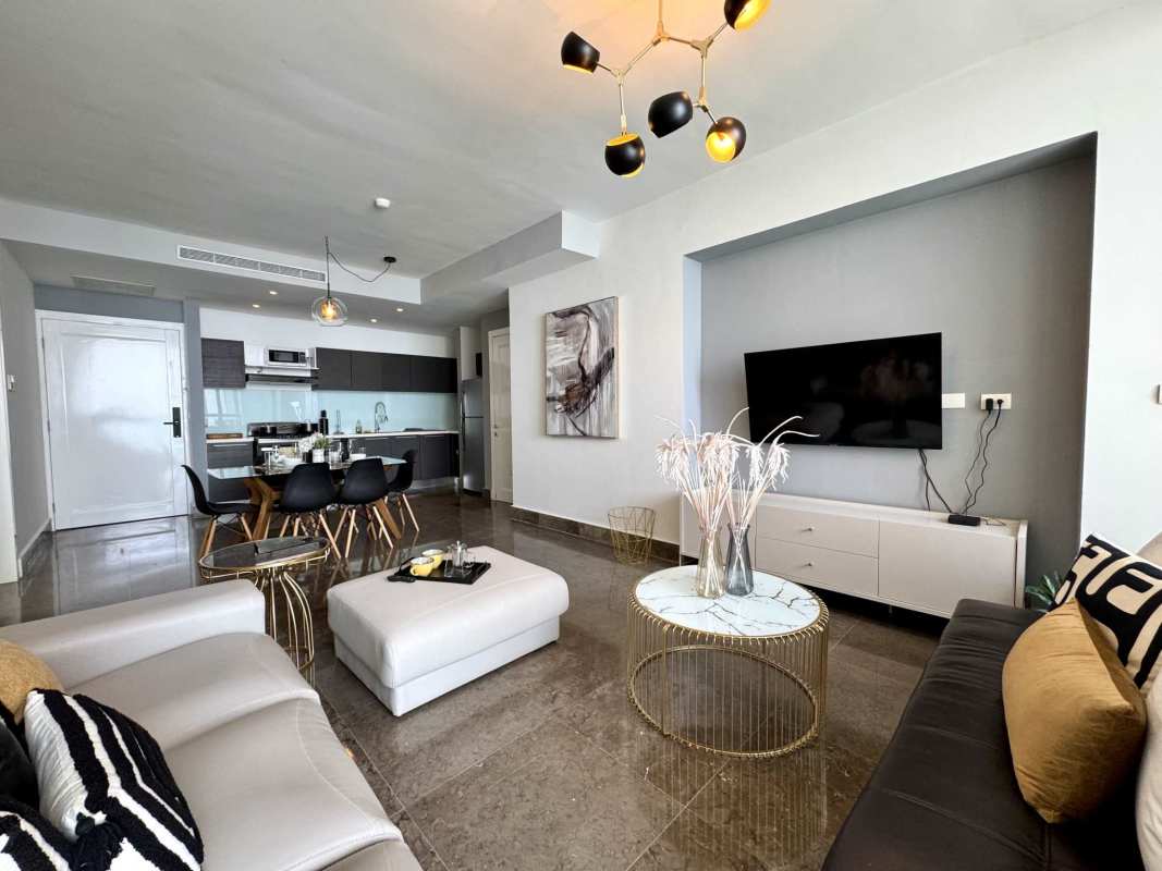 Bedroom with panoramic sea views and marble floor in PH Yoo Panama