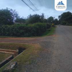 Gravel road with green borders and utility lines Villa Atenas Atalaya Veraguas