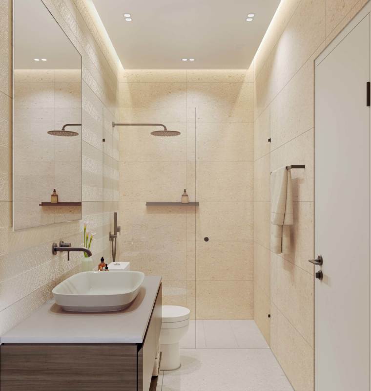 Rooftop terrace with infinity pool, lounge seating and ocean skyline view Panama