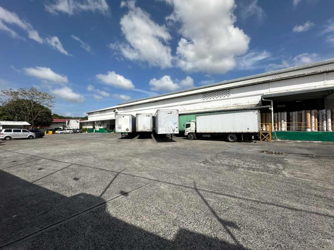 Exterior industrial warehouse facade with multiple loading bays and delivery trucks La Loceria Panama