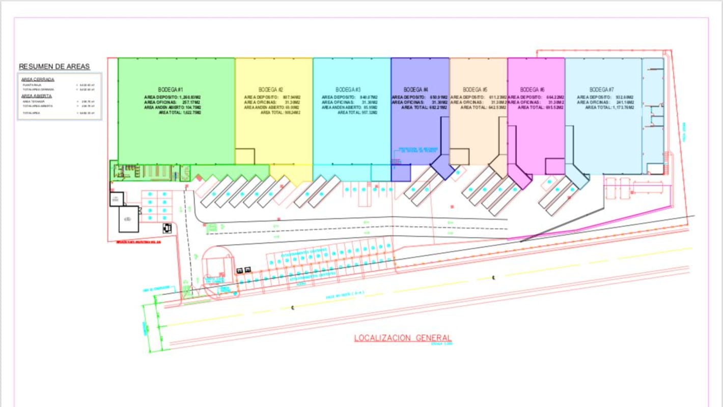 Colored site plan layout of industrial warehouses with loading docks and parking in La Loceria Panama City