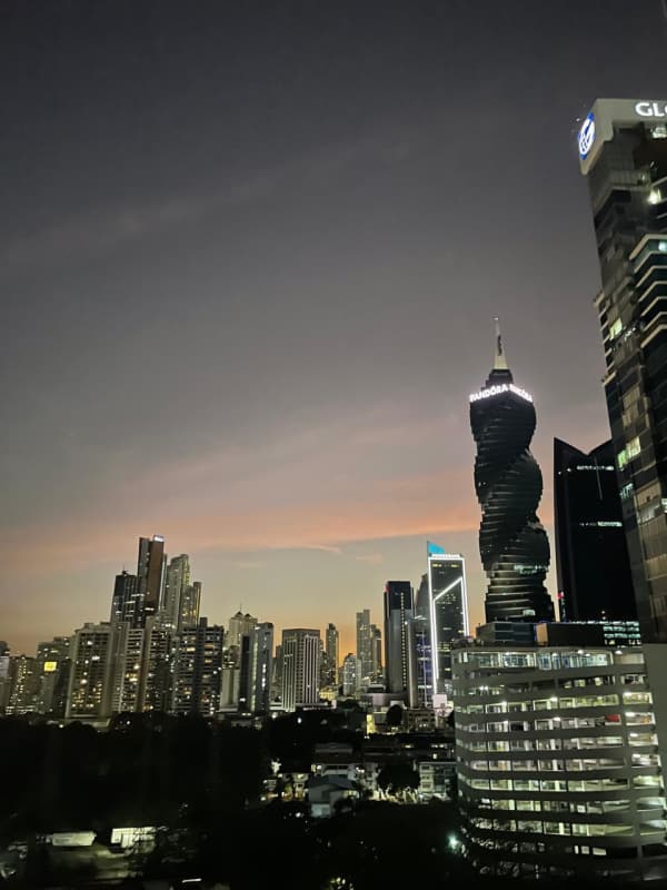 Panoramic city skyline view with skyscrapers in downtown Panama from balcony PH Obarrio City Center