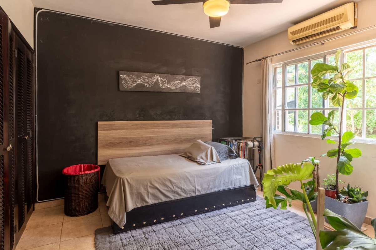Modern bedroom with accent wall, large window, indoor plants, ceiling fan in Altos de Panamá house