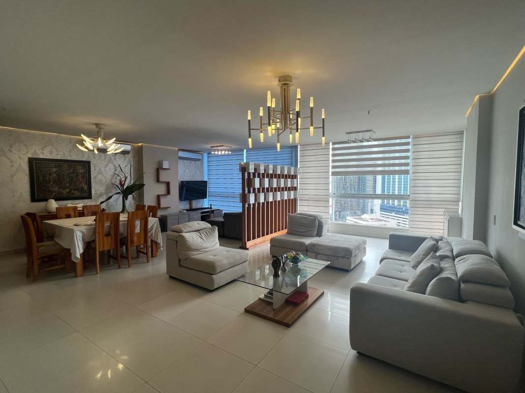 Spacious furnished living dining room with large windows city view Marbella 47 Panama