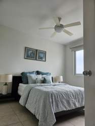 Tropical pool area with palm trees at Bijao Rodman Tower beachfront condo Panama