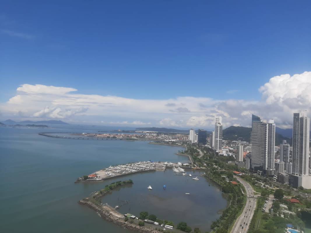 Skyline of Panama City, Avenida Balboa waterfront, skyscrapers and marina Panama Bay