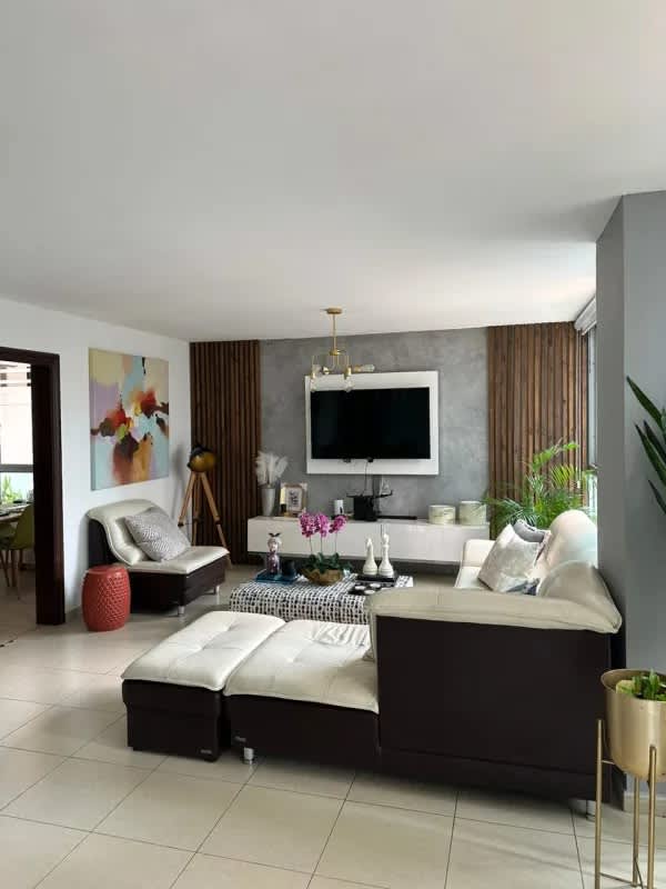 Living room media wall with wooden panel detail PH Sol Marina Panama