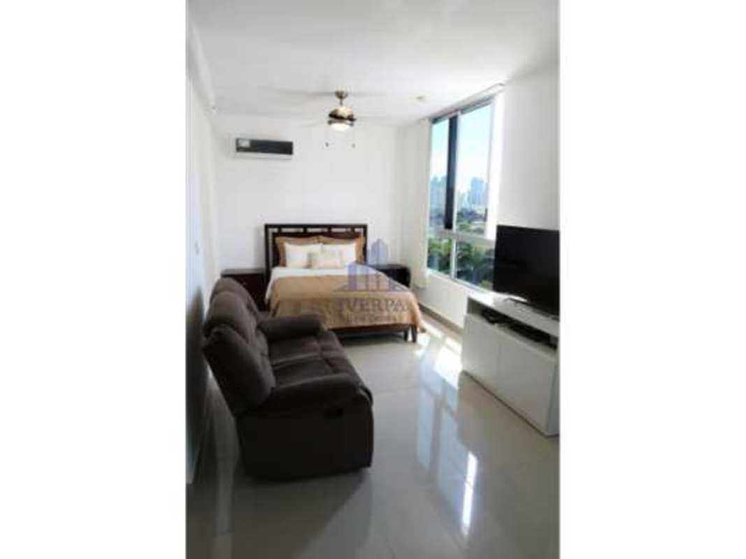 Bright minimalist home office with city skyline views PH San Francisco Panama