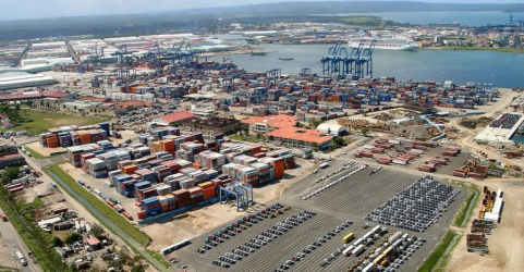 Aerial view port zone Colón Panama with warehouses shipping containers docks