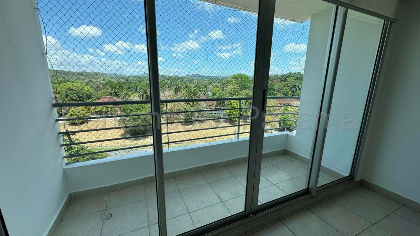Private balcony overlooking gardens and park from apartment at PH Clayton Park Tower Panama