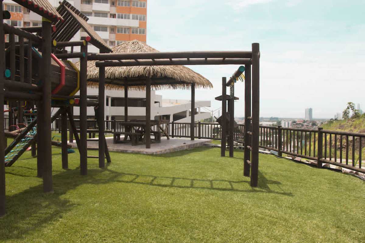 Outdoor children playground with wooden play structure and gazebo PH Villa Crisol El Crisol Panama