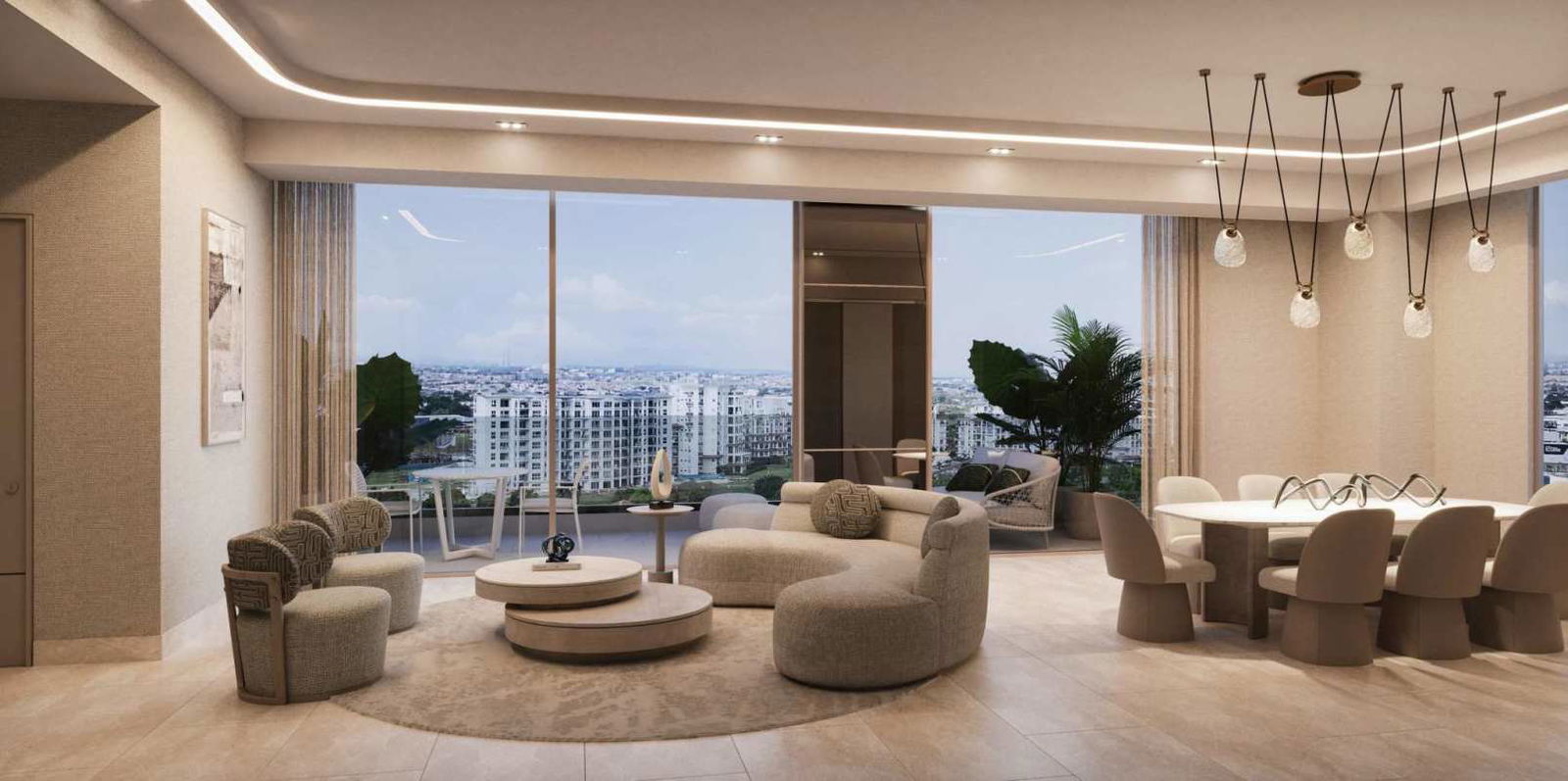 Contemporary apartment interior with floor-to-ceiling windows overlooking golf course in Altair Tower Santa Maria