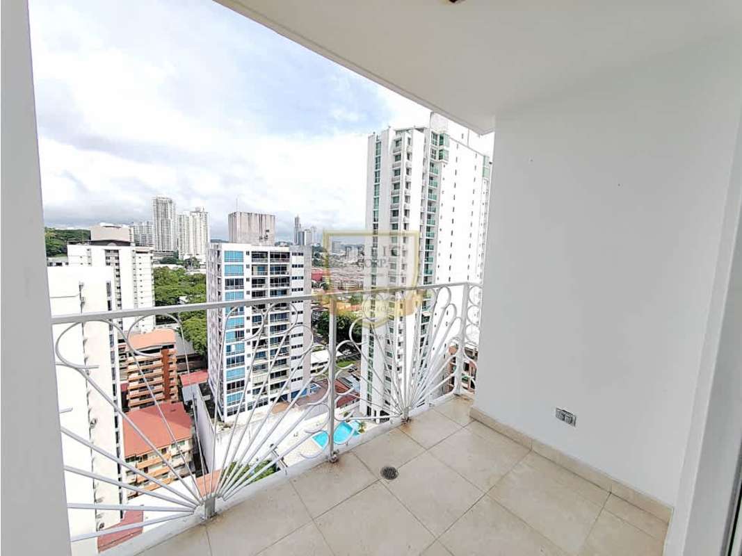 Balcony with skyline view and decorative metal railing in PH El Cangrejo Panama City