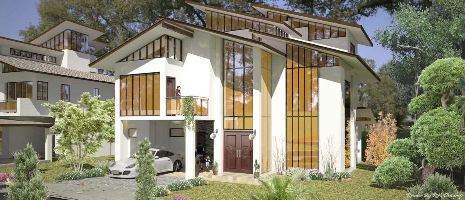 Exterior contemporary villa house with balconies landscaped garden garage in Albrook Residences Panama