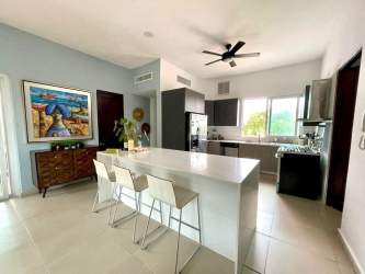 Spacious kitchen with granite counters, island and appliances at Punta Barco Resort