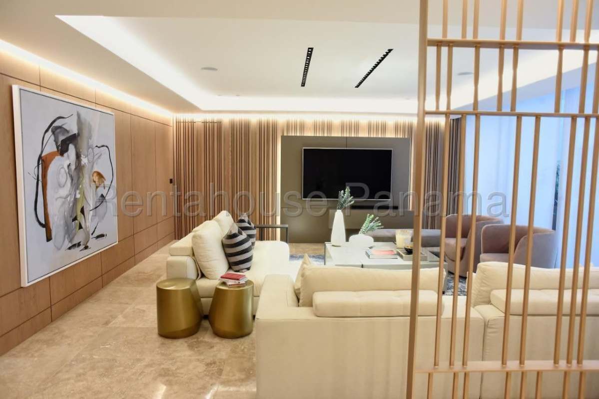 Luxury remodeled kitchen with marble counters and ocean views in PH Ocean Realm Punta Pacífica Panama