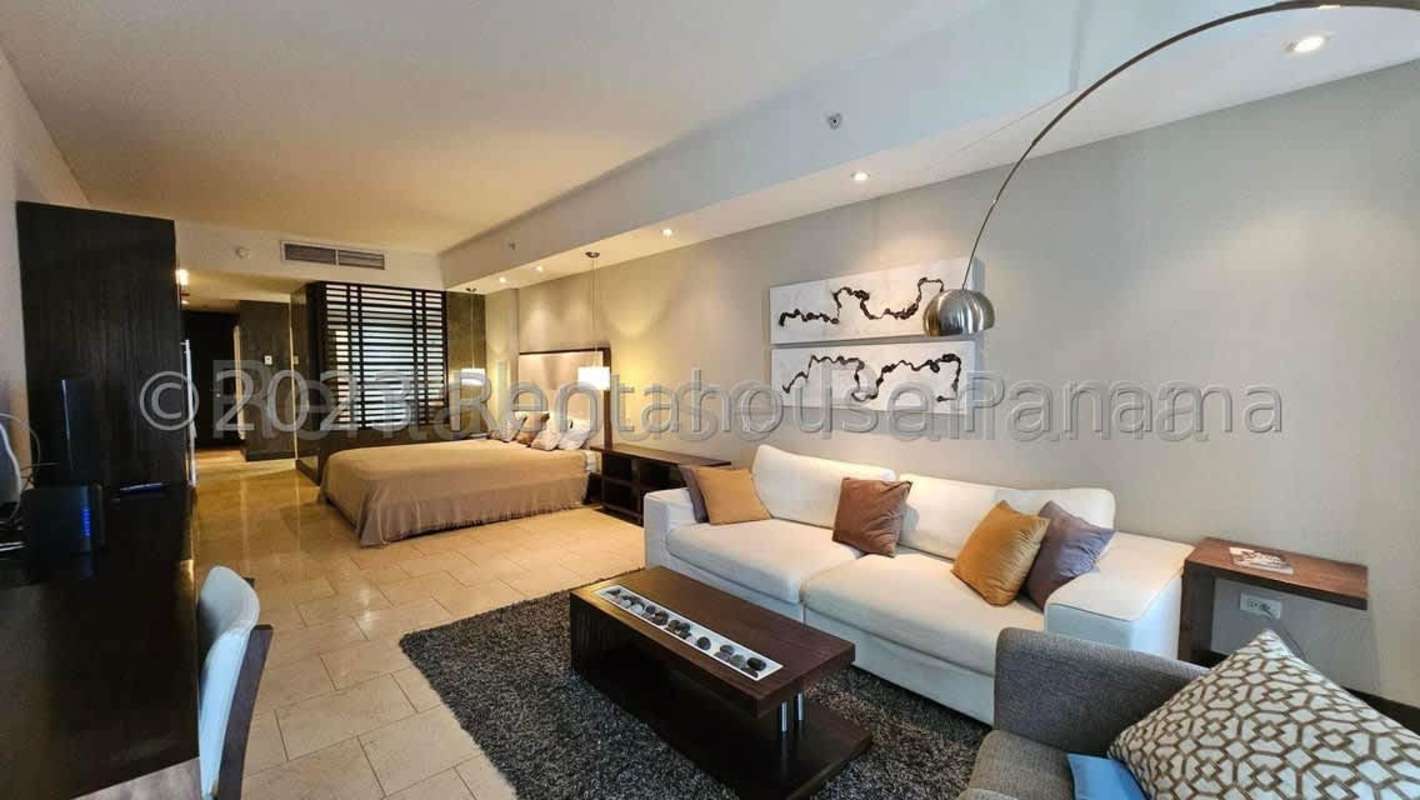 Open concept studio apartment with ocean views balcony Punta Pacifica Trump Tower Panama